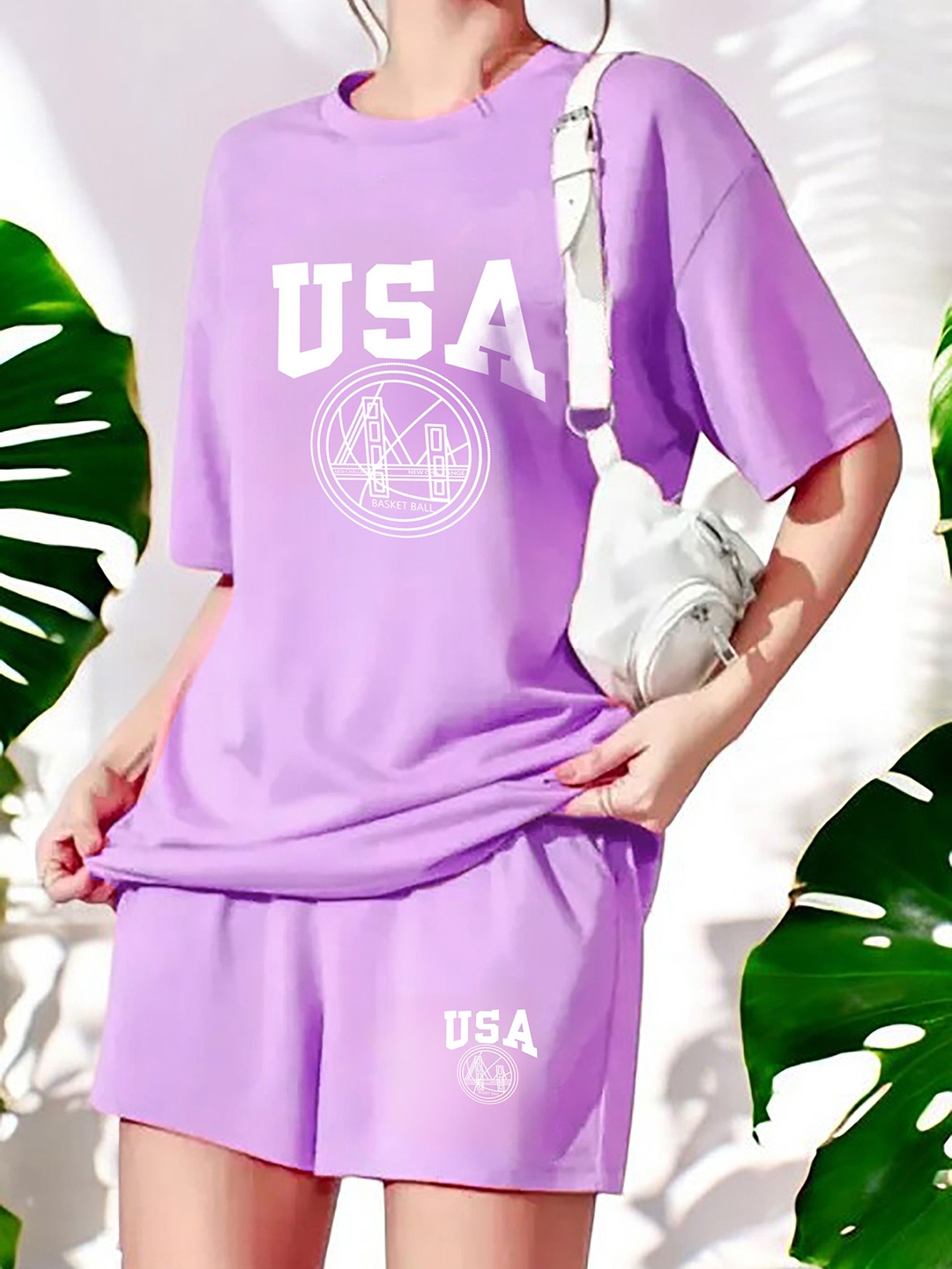 

My Swag Women Printed Cotton T-Shirt & Shorts Co Ord Set, Lavender