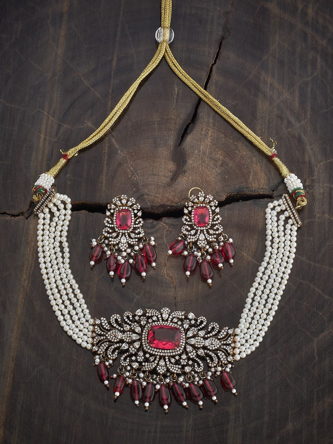 

Kushal's Fashion Jewellery Ruby Victorian-Plated Zirconia-Studded Jewellery Set, Silver