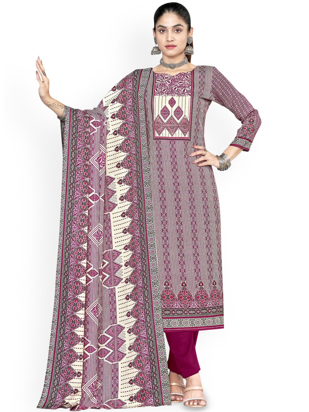 

DRAVINAM Trends Geometric Printed Pashmina Unstitched Dress Material, Maroon