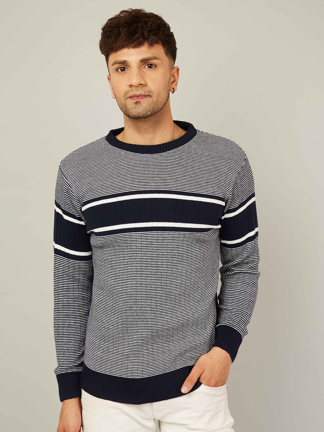 

Kveto style redefined Men Striped Pullover, Navy blue