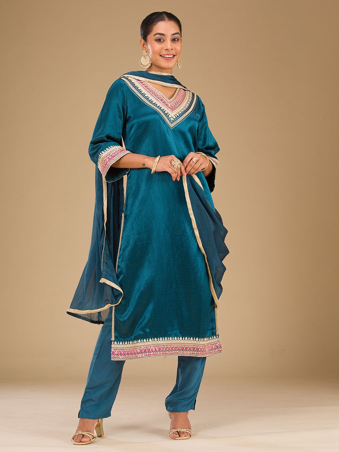 

Koskii Floral Embroidered Zariwork Satin Straight Kurta With Trousers & Dupatta, Teal