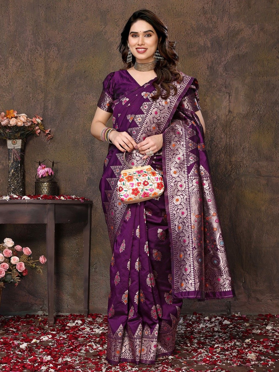 

KALINI Woven Design Zari Silk Cotton Banarasi Saree, Purple