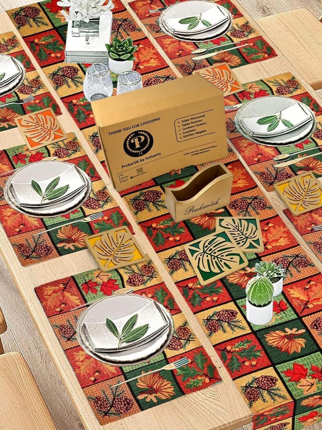 

PRAKARTIK Green & Red 13 Pieces Floral Printed Table Placemats & Coasters