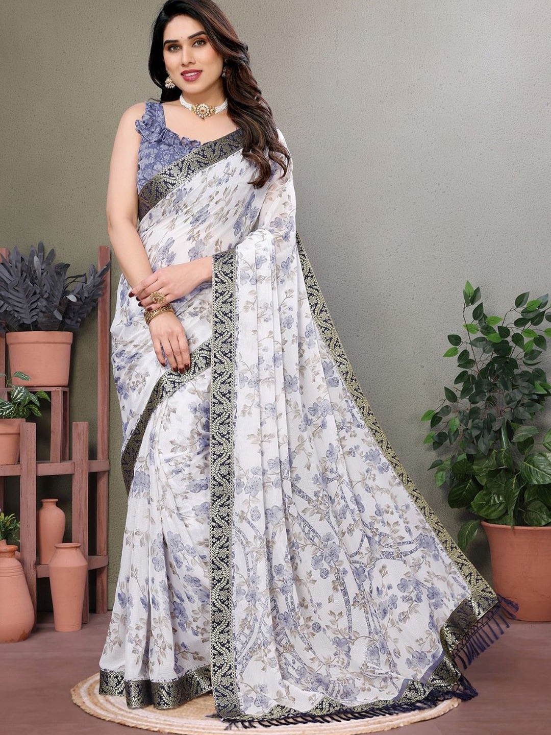 

KALINI Floral Zari Poly Georgette Saree, Grey