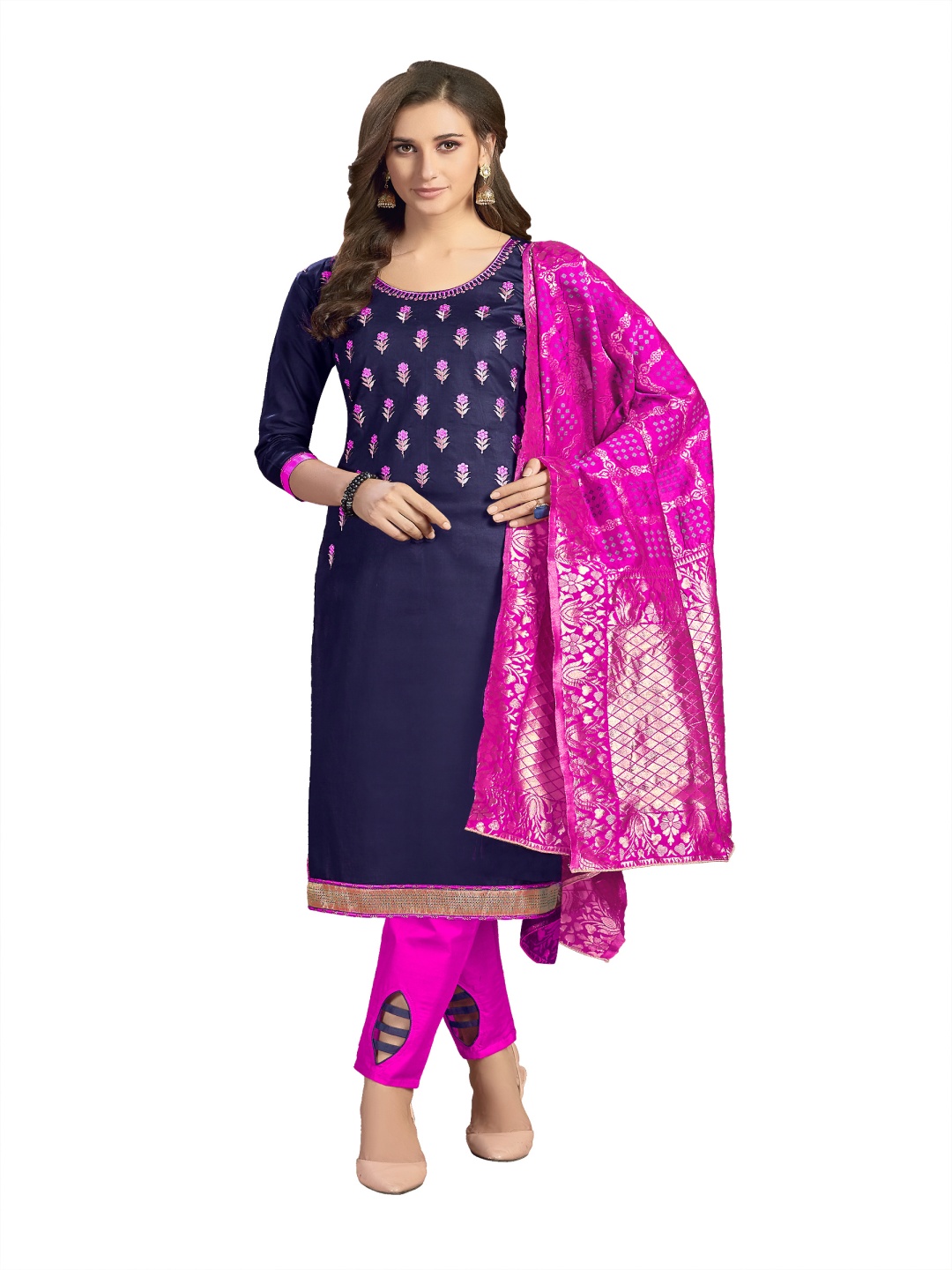 

HERE&NOW Floral Embroidered Thread Work Glaze Cotton Unstitched Dress Material, Navy blue