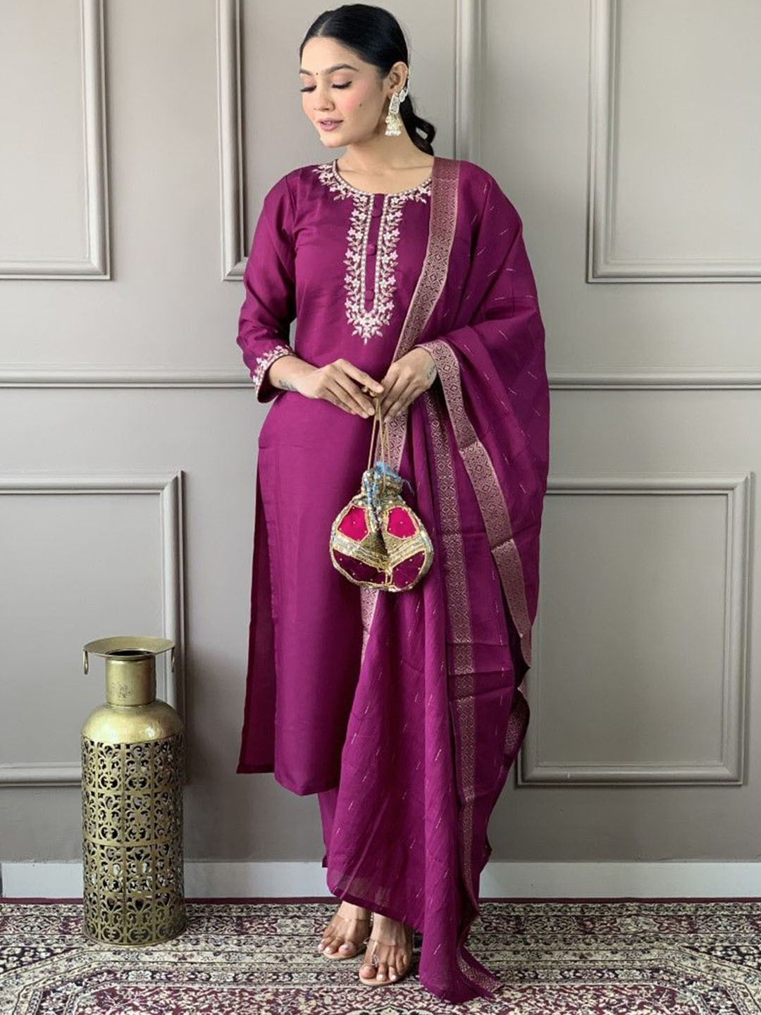 

Kurti Culture Floral Embroidered Round Neck Kurta With Trousers And Dupatta, Purple