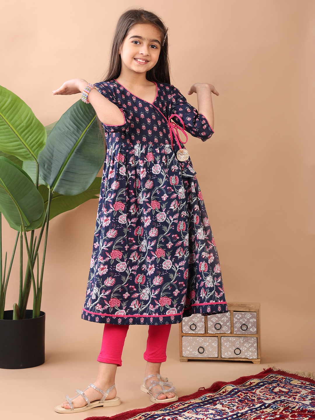 

Here&Now X Kinder Kids Girls Floral Printed Angrakha Pure Cotton Kurti, Blue