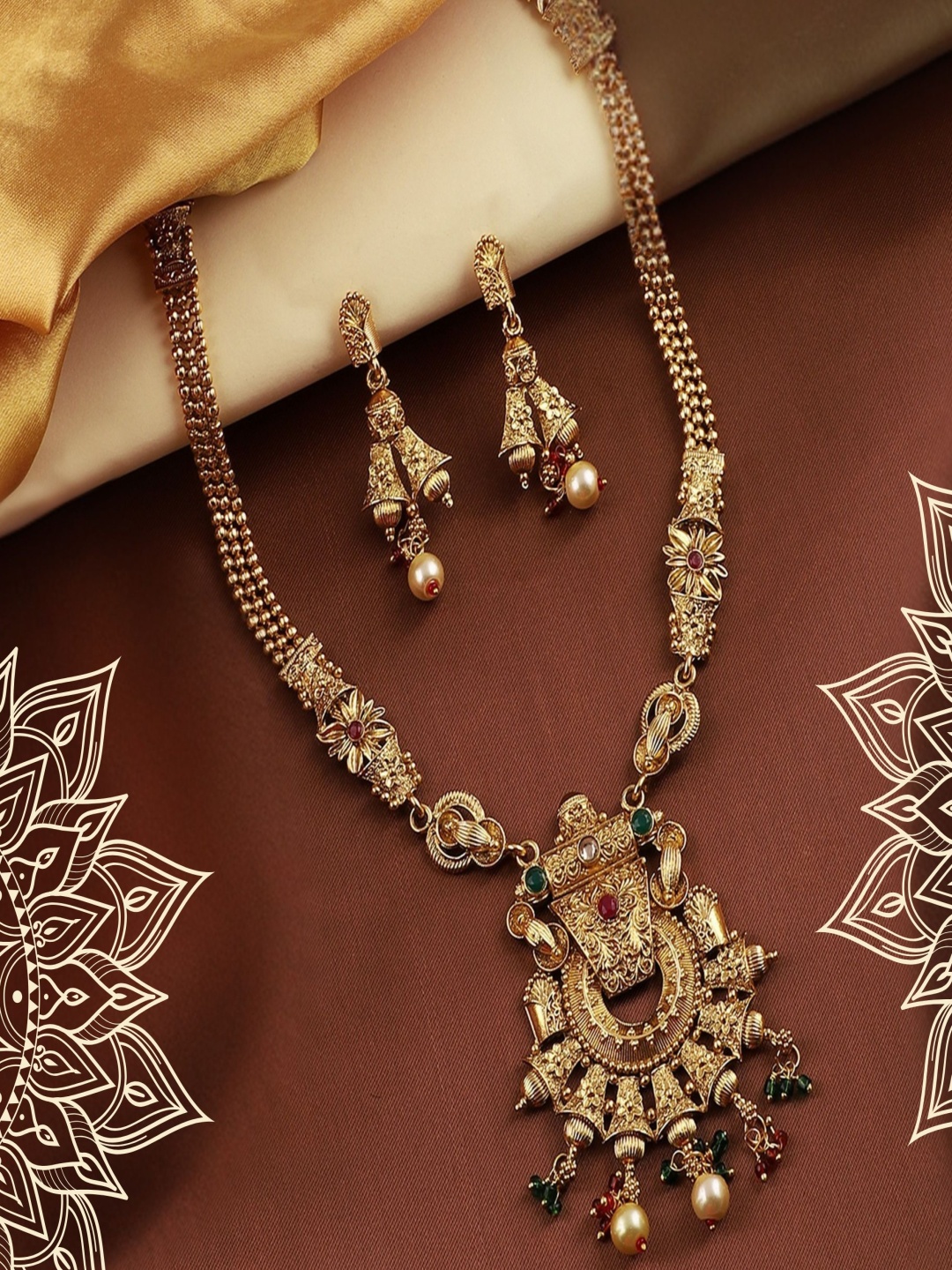 

ORANGENYSHA Gold Plated Kundan Stone Studded & Beaded Jewellery Set