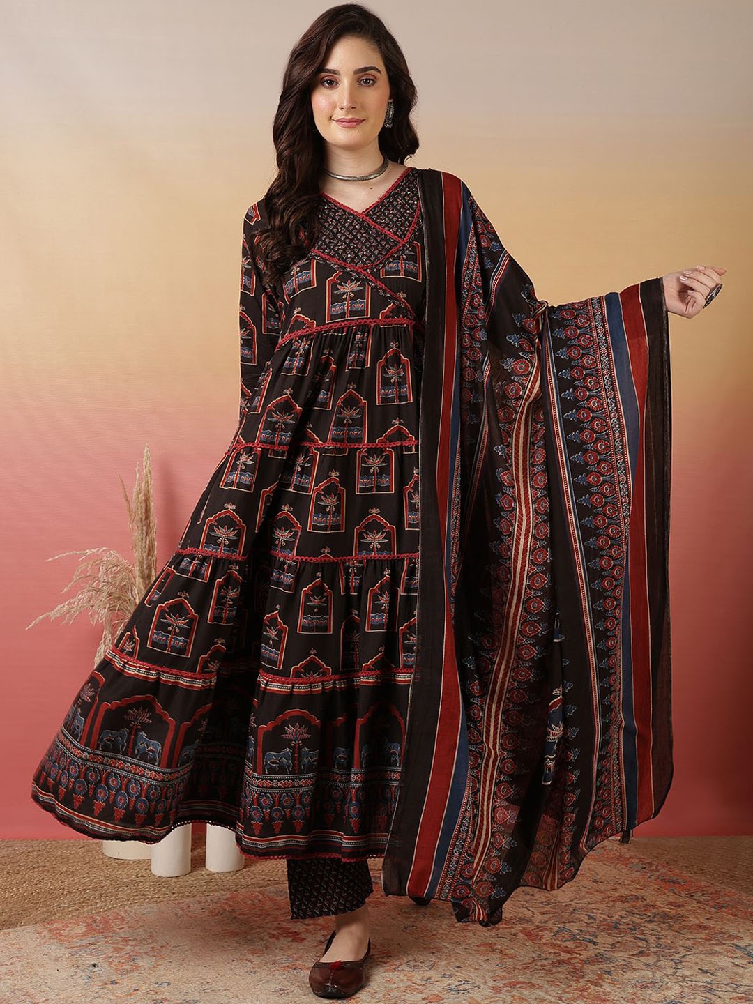 

Sangria Printed Pure Cotton Anarkali Kurta & Trouser With Dupatta, Black