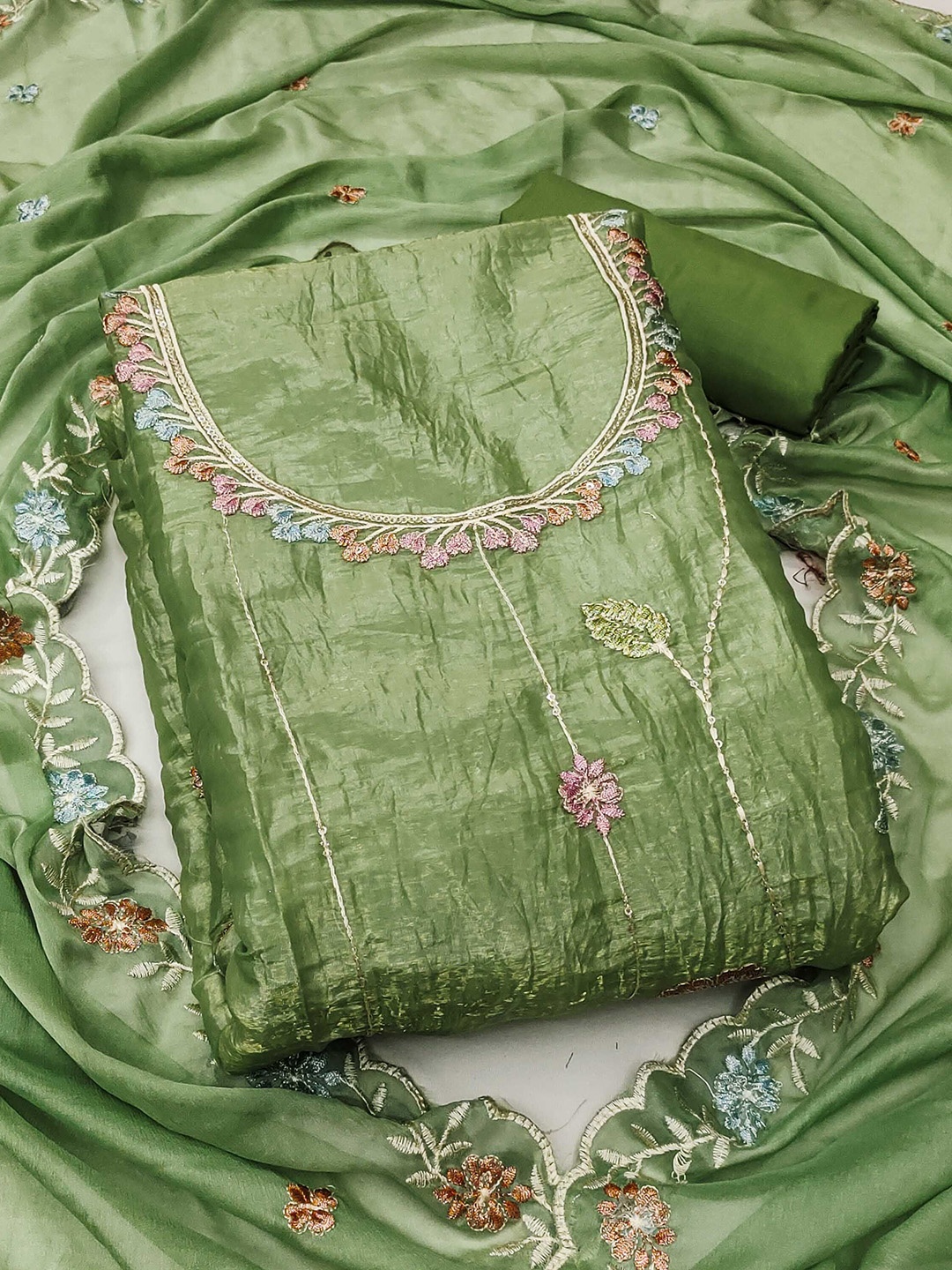 

KALINI Embroidered Pure Silk Unstitched Dress Material, Sea green