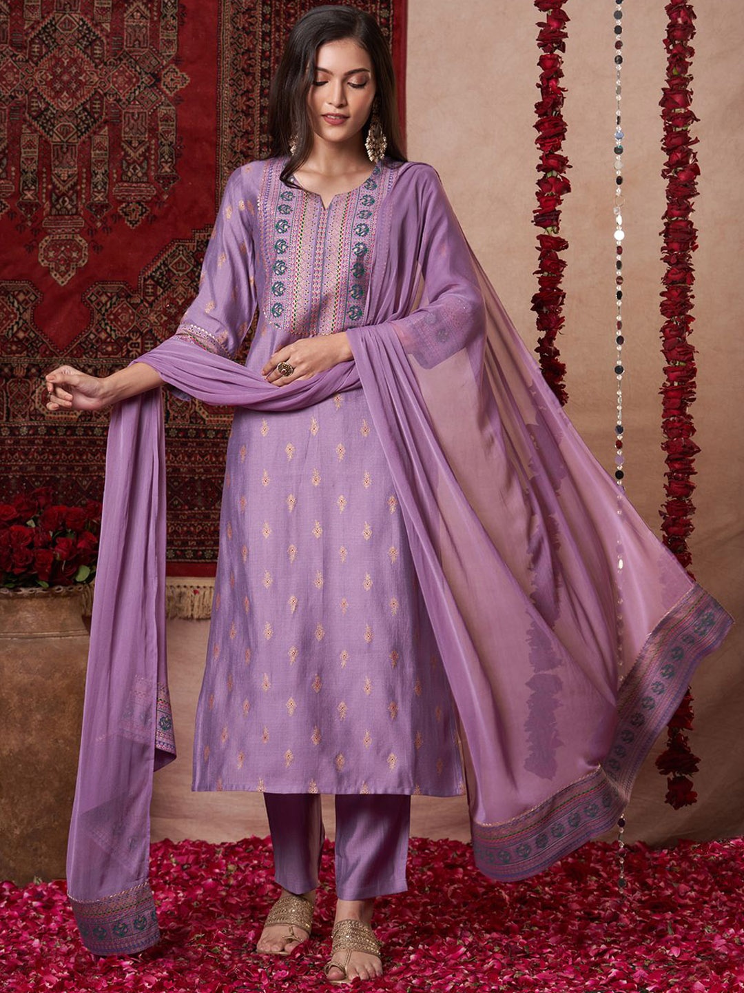 

GoSriKi Ethnic Motifs Printed Gotta Patti Straight Kurta With Trousers And Dupatta, Purple