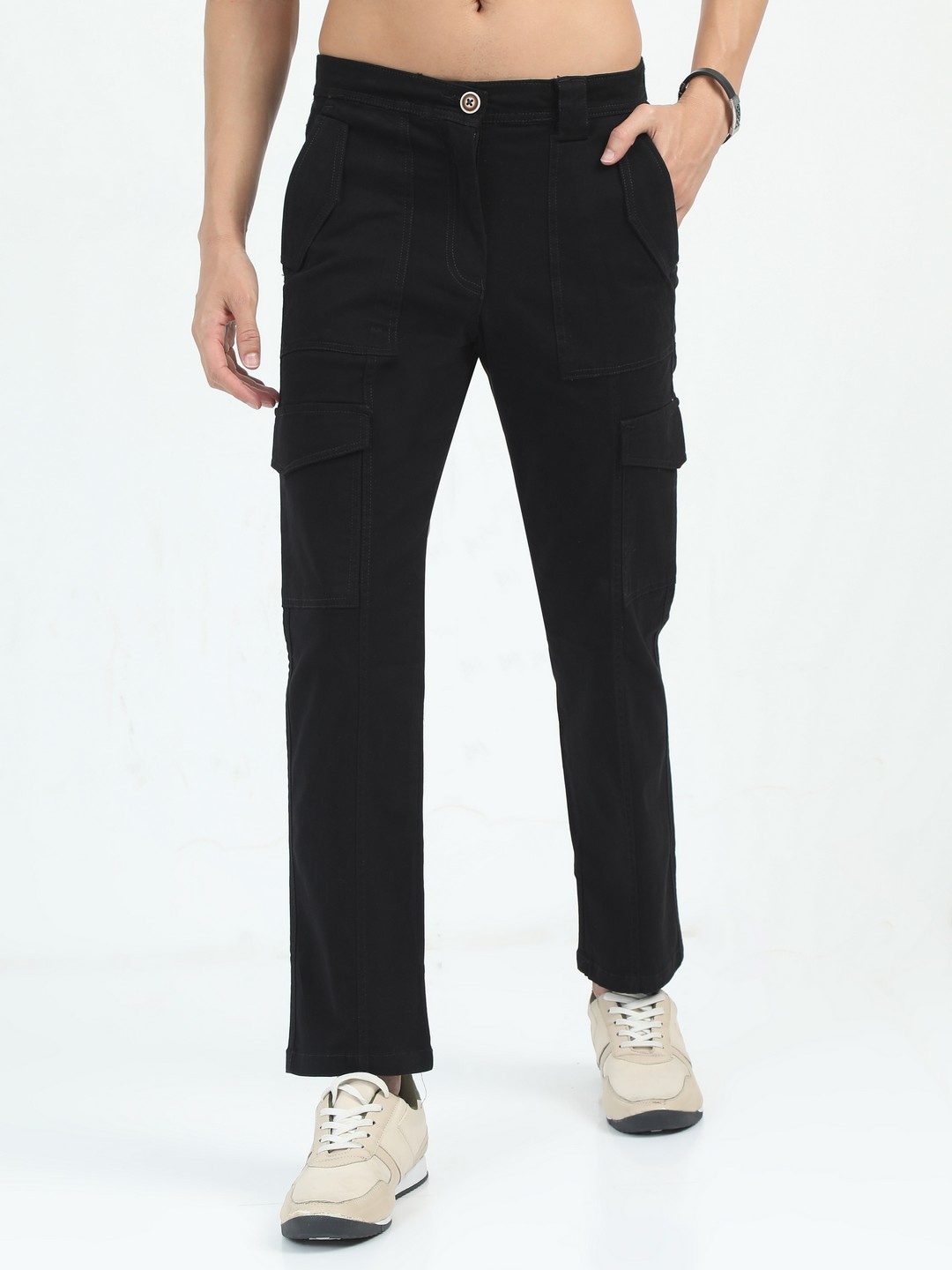 

NEVER NEUD Men Relaxed Straight Fit Bolsillo Cargos Trousers, Black