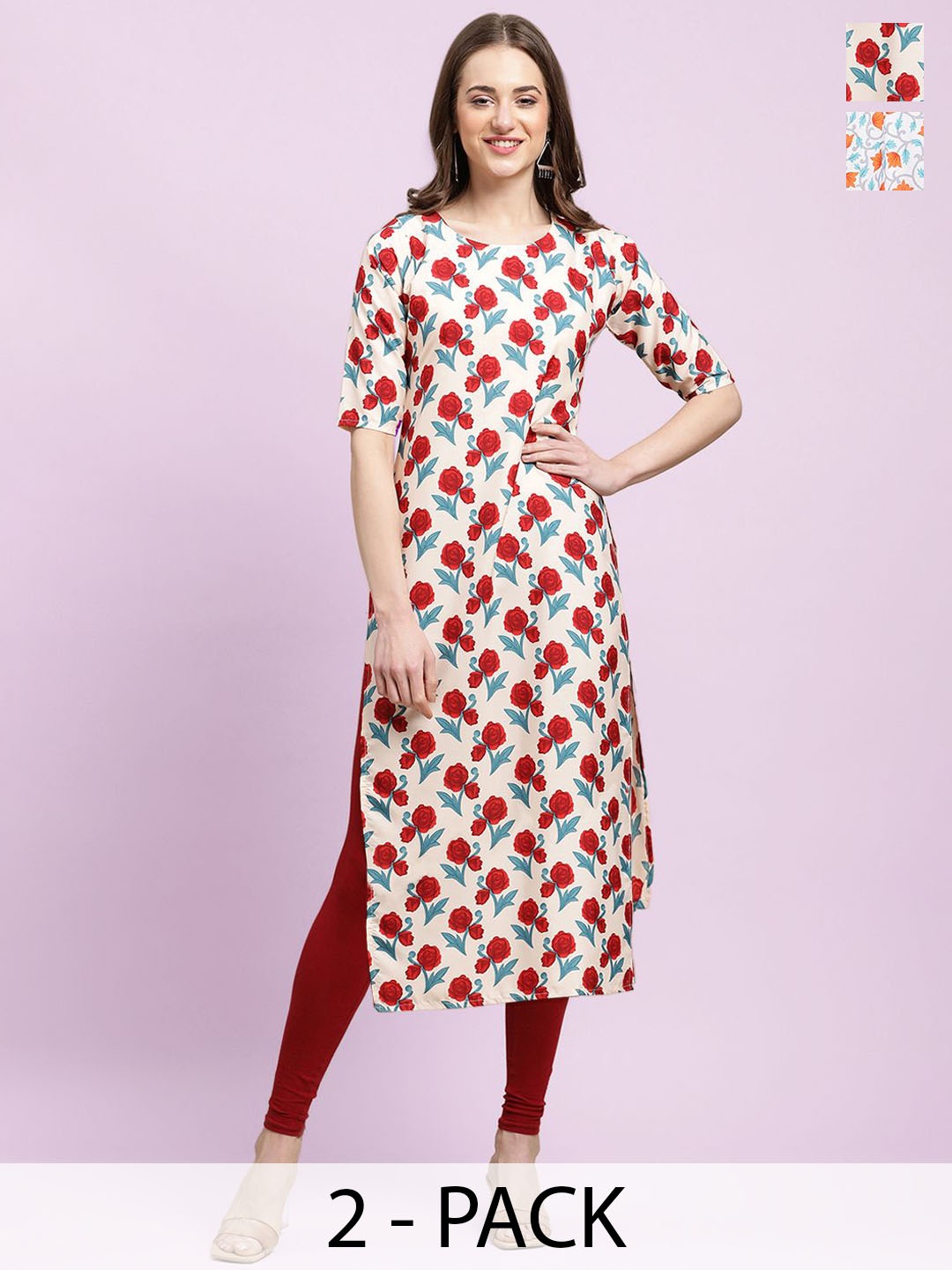 

Moda Rapido White & Red Selection of 2 Floral Printed Straight Kurtas