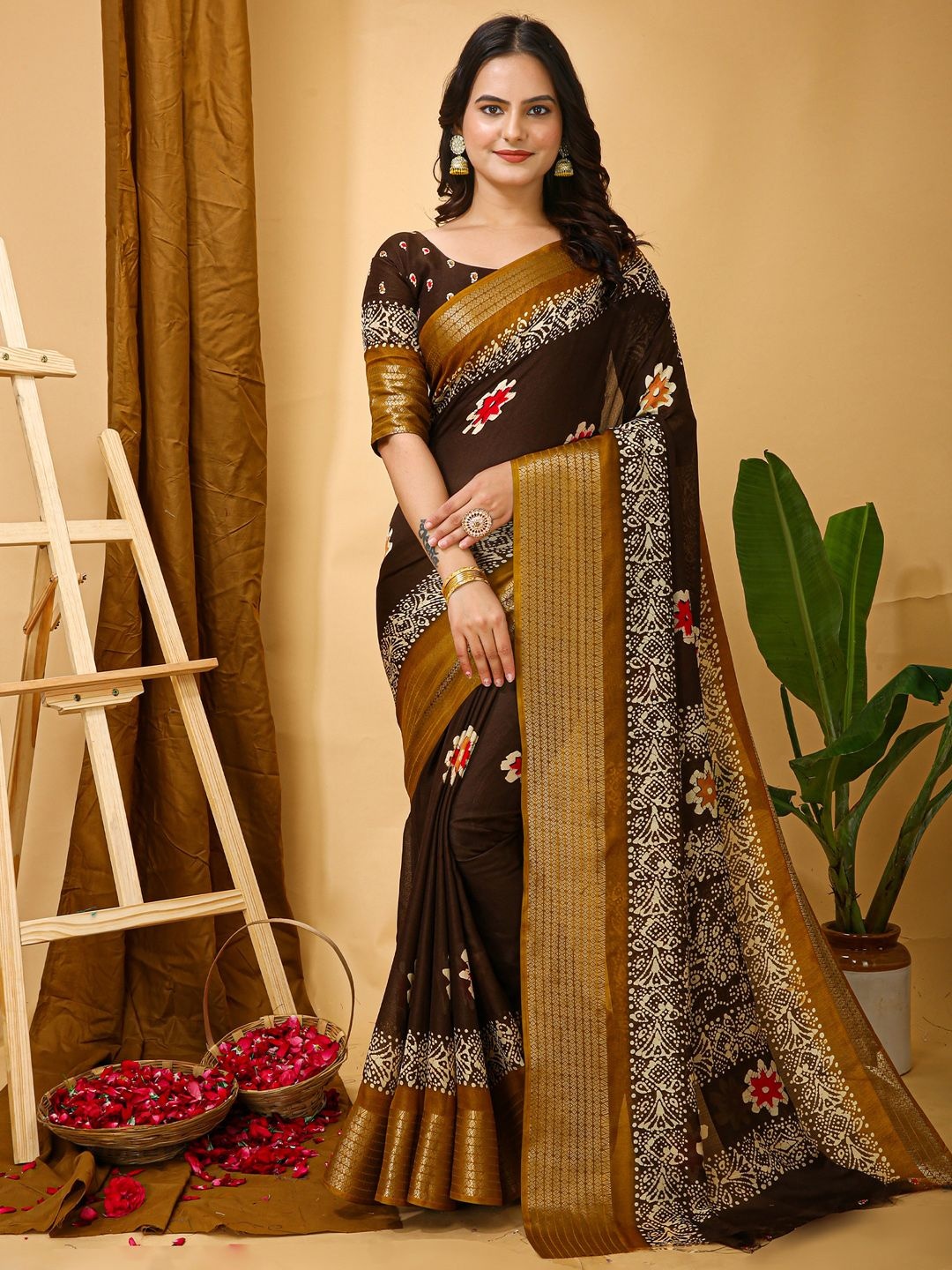 

Anouk Rustic Ethnic Motifs Zari Silk Blend Sungudi Saree, Brown