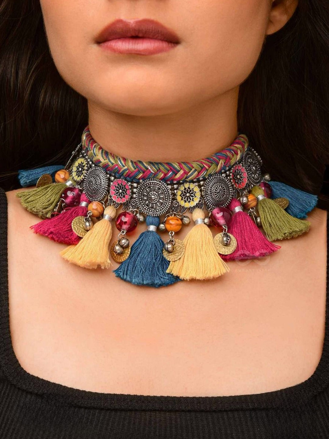 

EVERSTYLISH Resham, Beads & Coins Embroidered Oxidised Choker Neckpiece, Silver