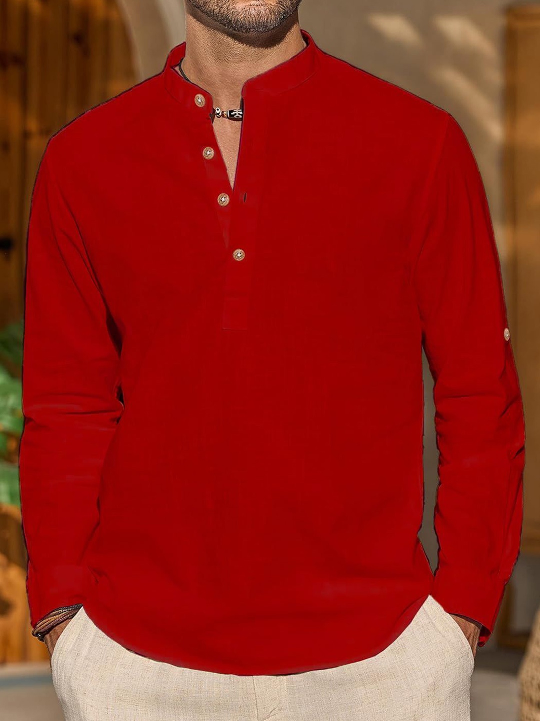 

Vida Loca Band Collar Cotton Straight Slim Fit Short Kurta, Red