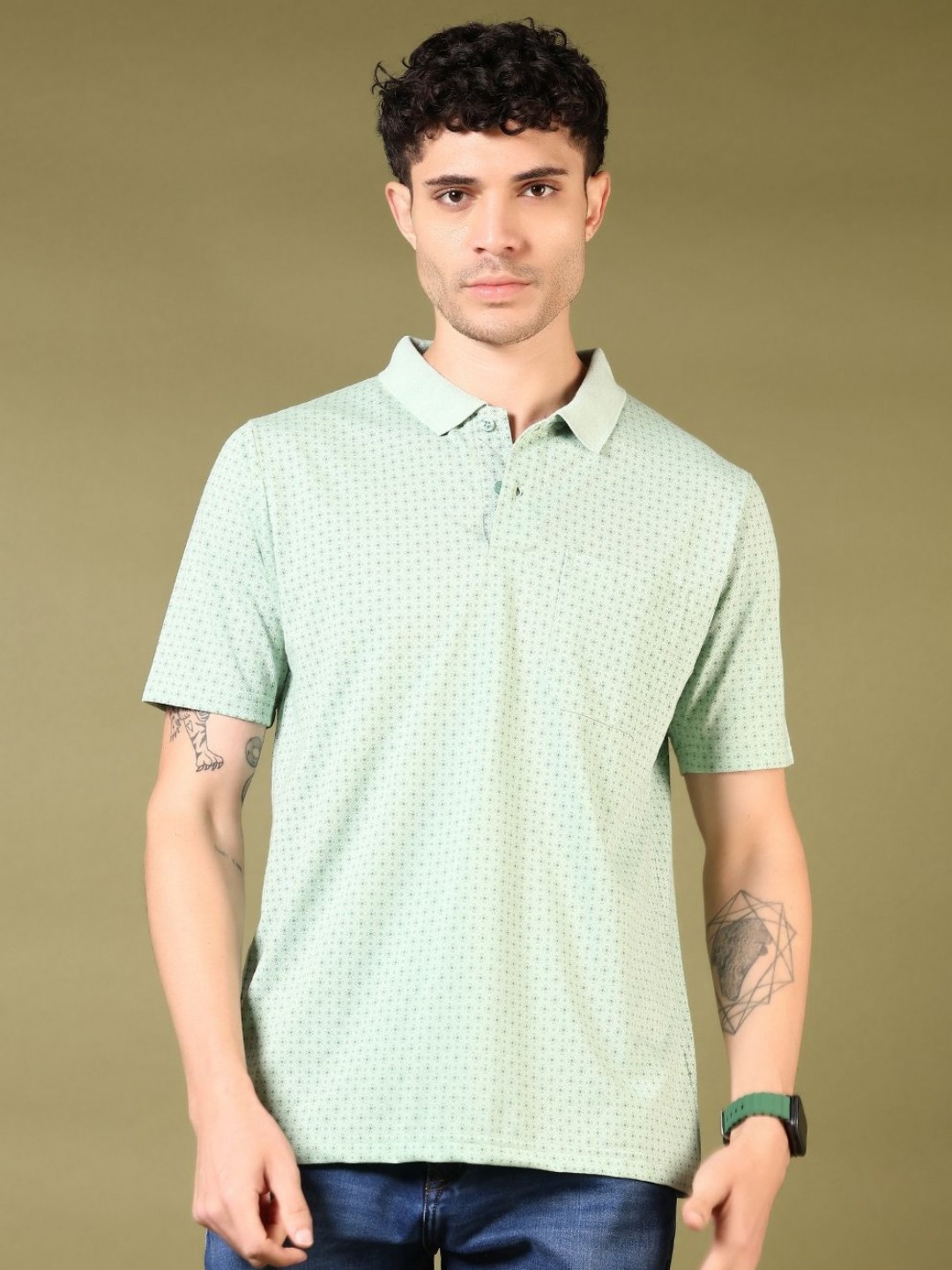 

V-Mart Men Floral Printed Polo Collar Cotton T-shirt, Green