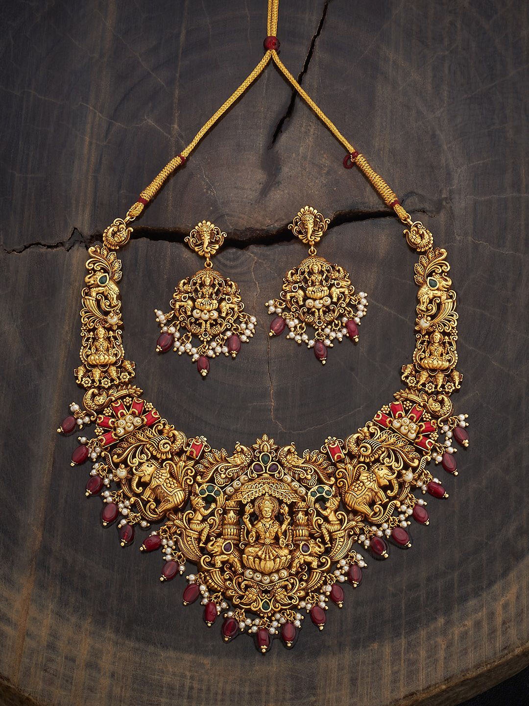 

Kushal's Fashion Jewellery Gold-Plated Ruby-Studded Antique Jewellery Set