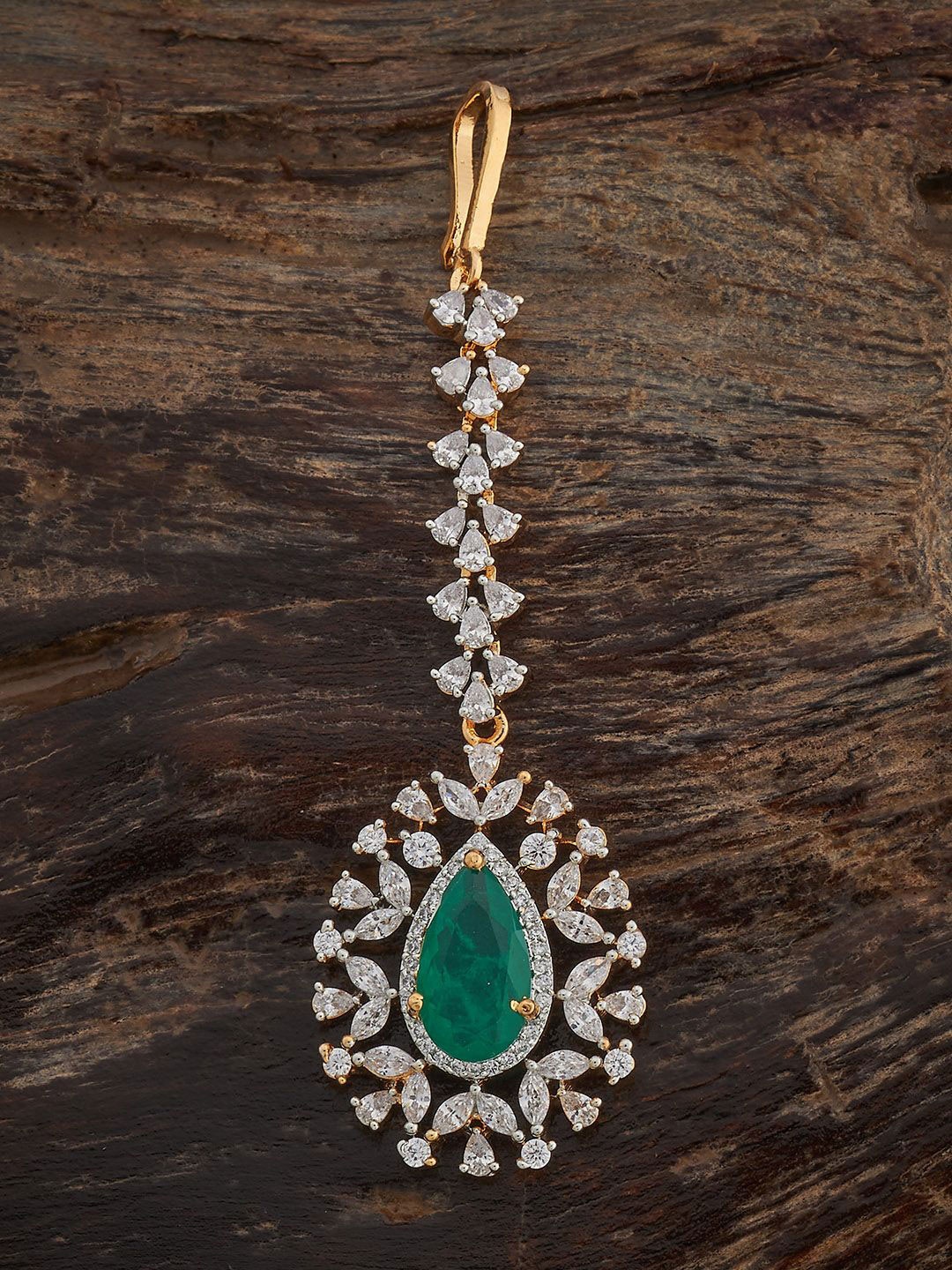 

Kushal's Fashion Jewellery Green Rhodium Gold-Plated Cubic Zircon Maang Tikka