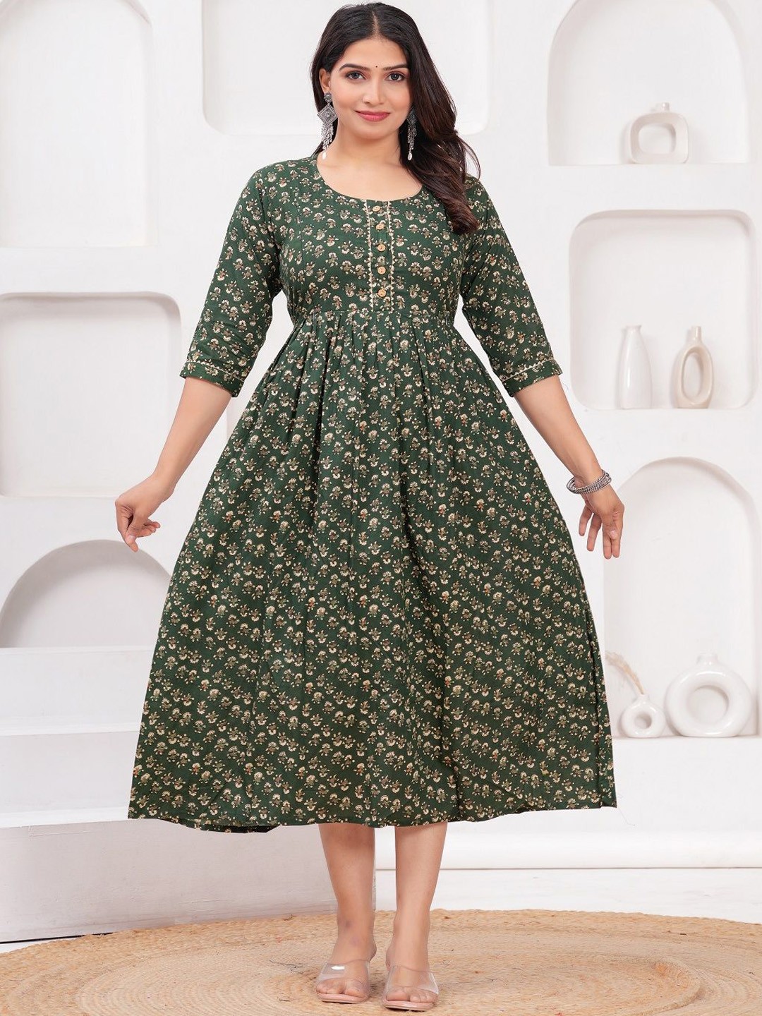

Nevisha Style Women Floral Printed Thread Work Floral Maternity Anarkali Kurta, Green