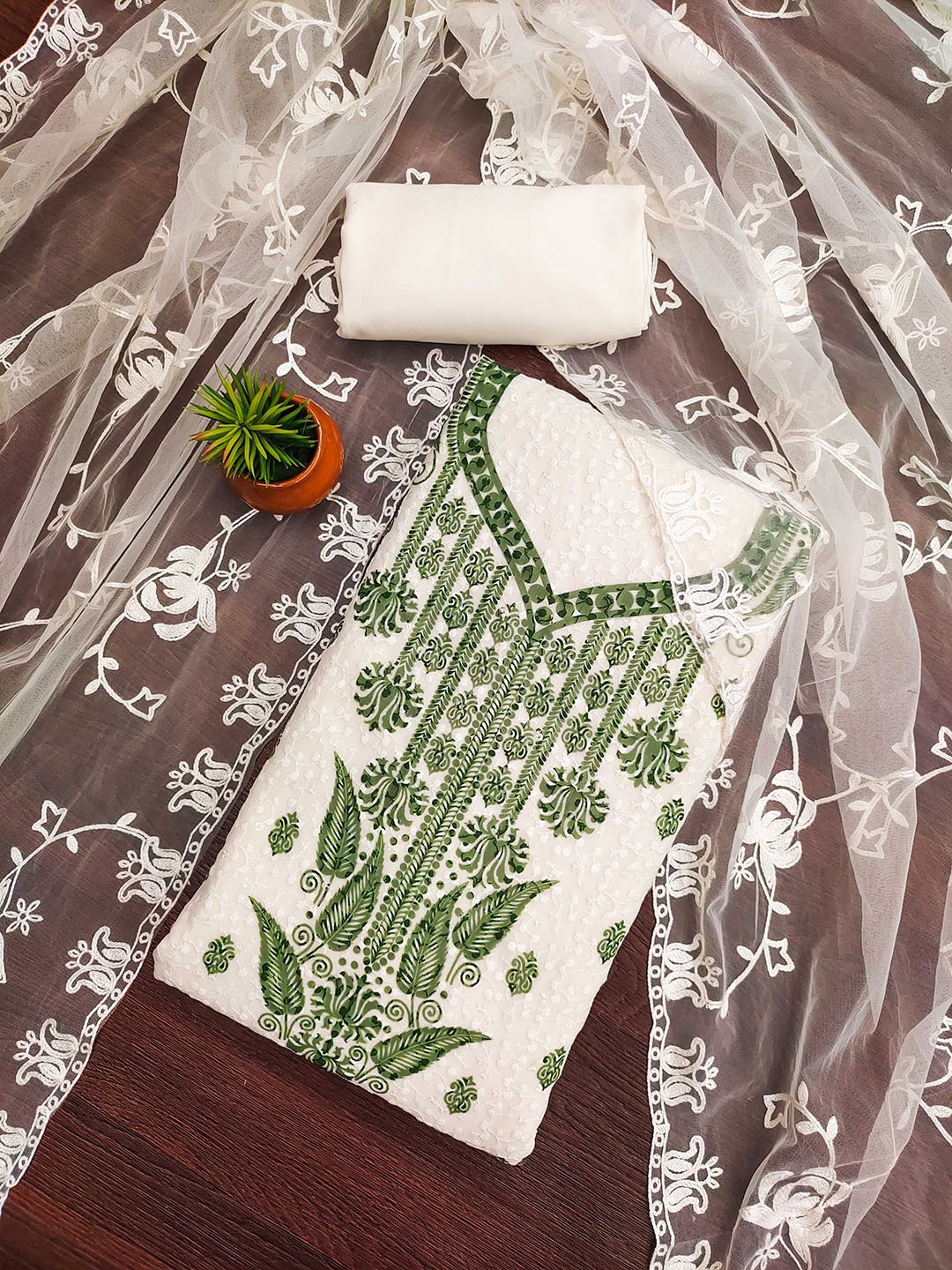 

KALINI Embroidered Silk Georgette Unstitched Dress Material, White