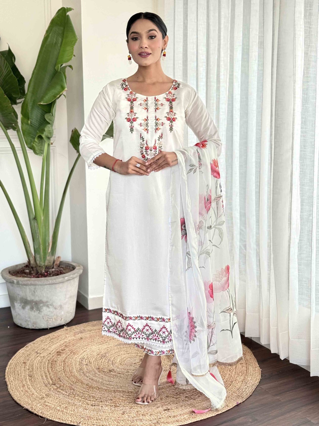 

Kurti Culture Floral Embroidered Round Neck Kurta With Trousers And Dupatta, White