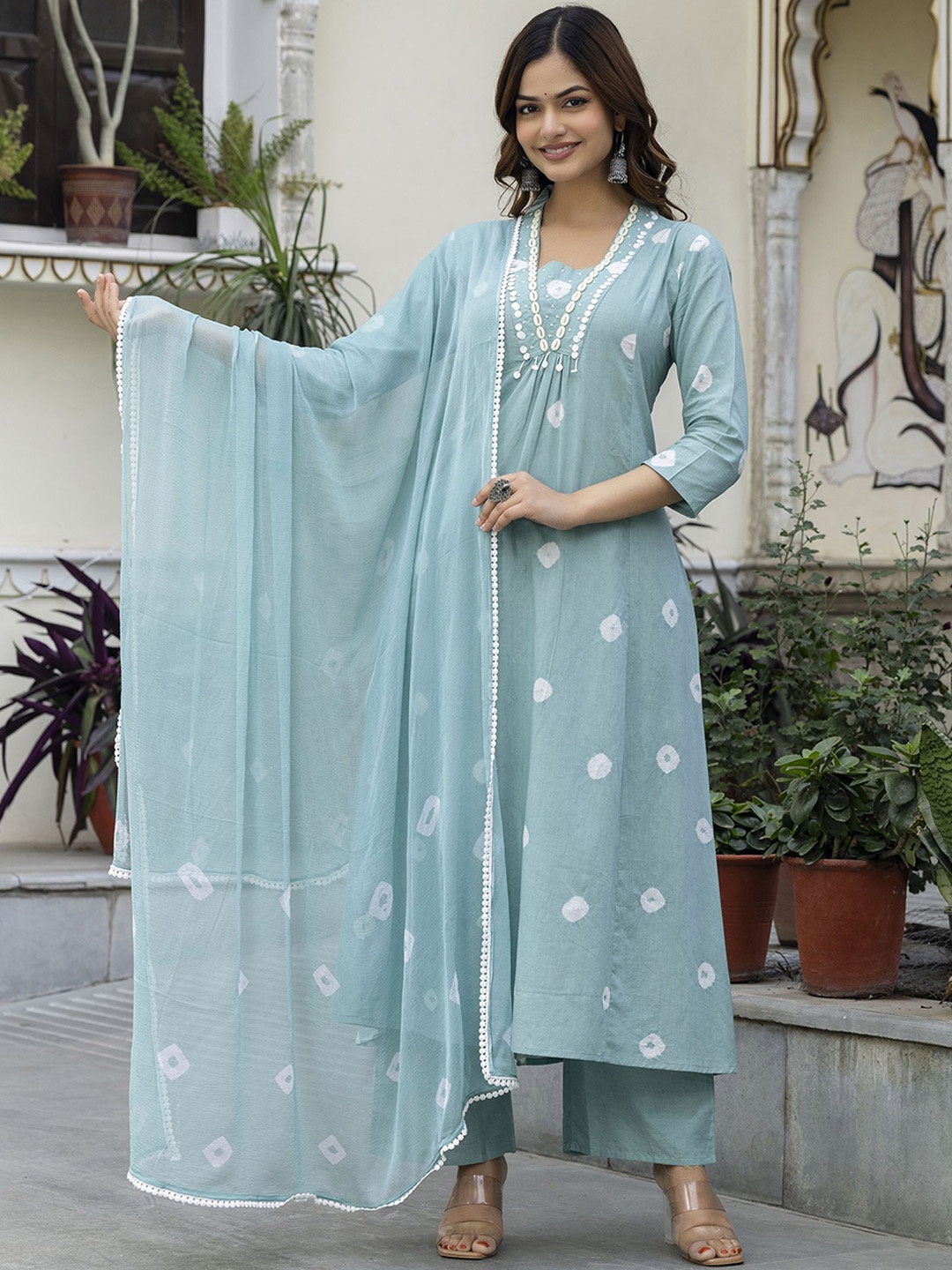 

Anouk Women Ethnic Motifs Yoke Design Empire Beads and Stones Pure Cotton Kurta with Palazzos & With Dupatta, Green