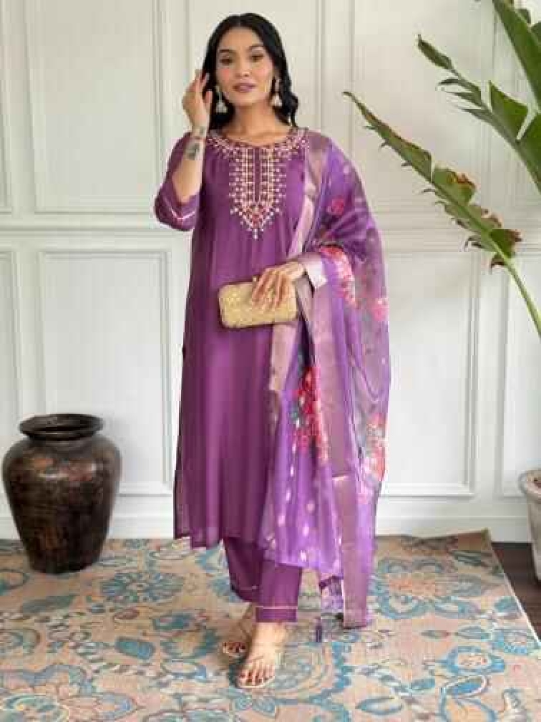 

Moda Rapido Floral Embroidered Round Neck Straight Kurta With Trousers & Dupatta, Purple