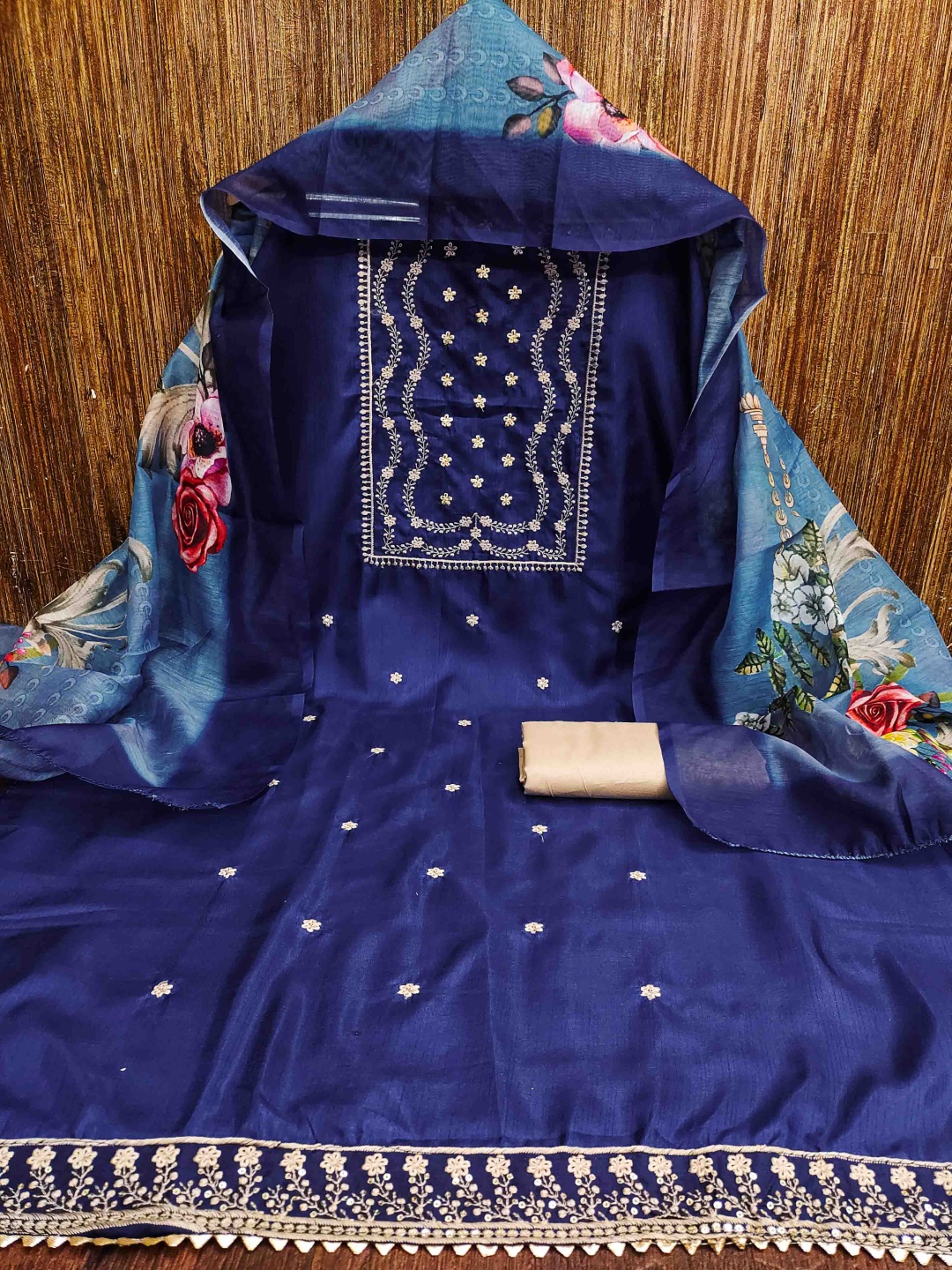 

KALINI Embroidered Unstitched Dress Material, Navy blue