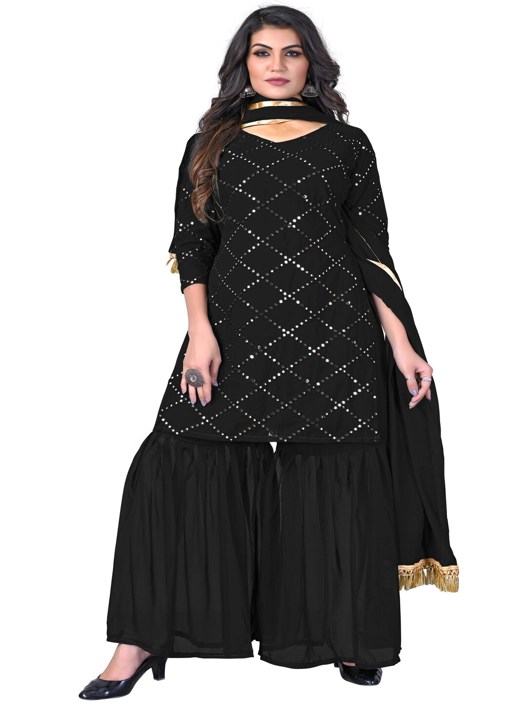 

KRULRIN Embroidered Straight Sequinned Kurta With Sharara And Dupatta, Black