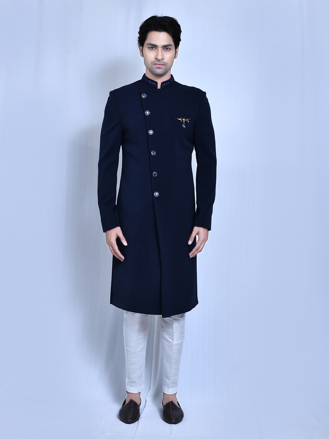 

Aryavir Malhotra Embroidery Silk Sherwani Set, Navy blue