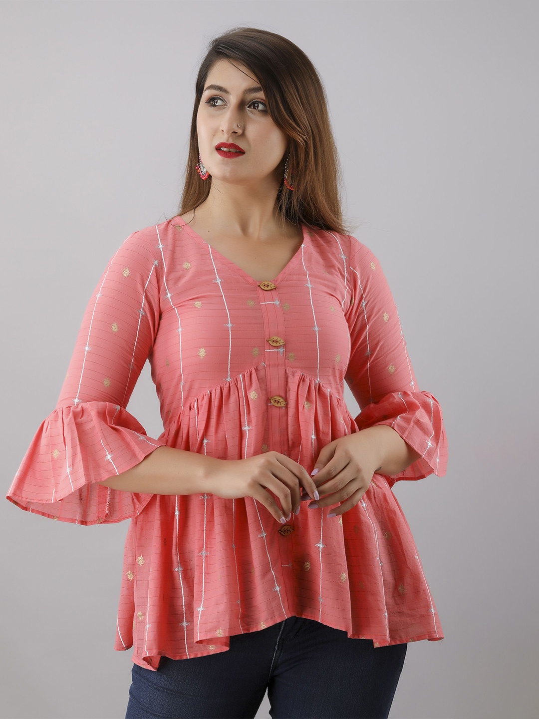 

KUMARI Floral Striped Bell Sleeve Cotton Peplum Crop Top, Pink