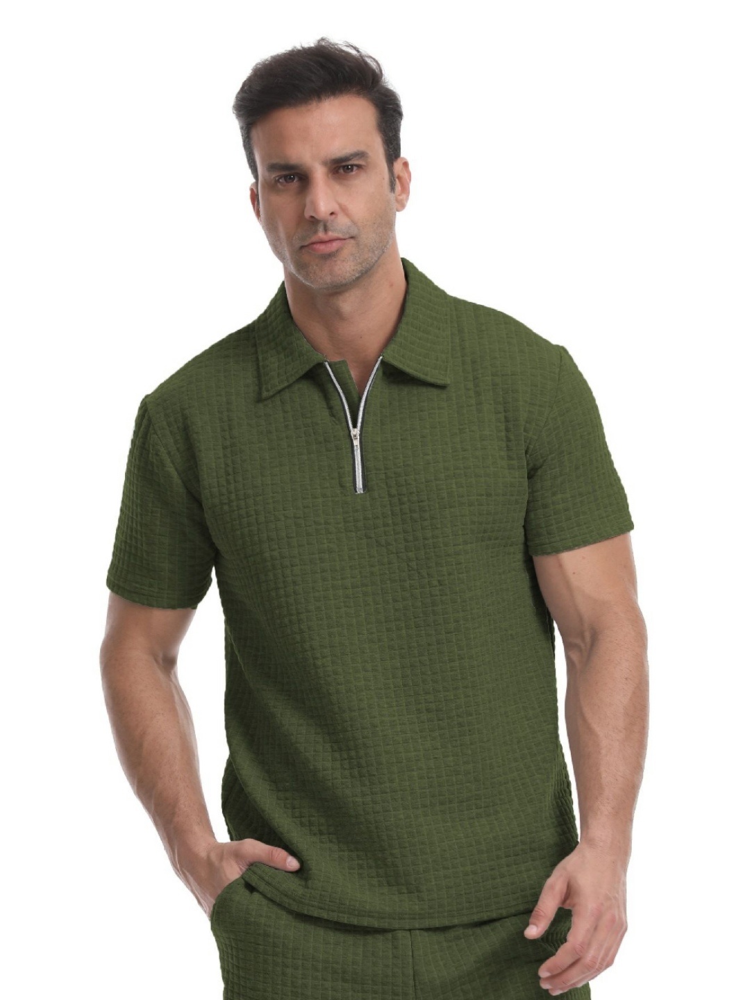 

StyleCast x Revolte Men Polo Collar Raw Edge T-shirt, Green