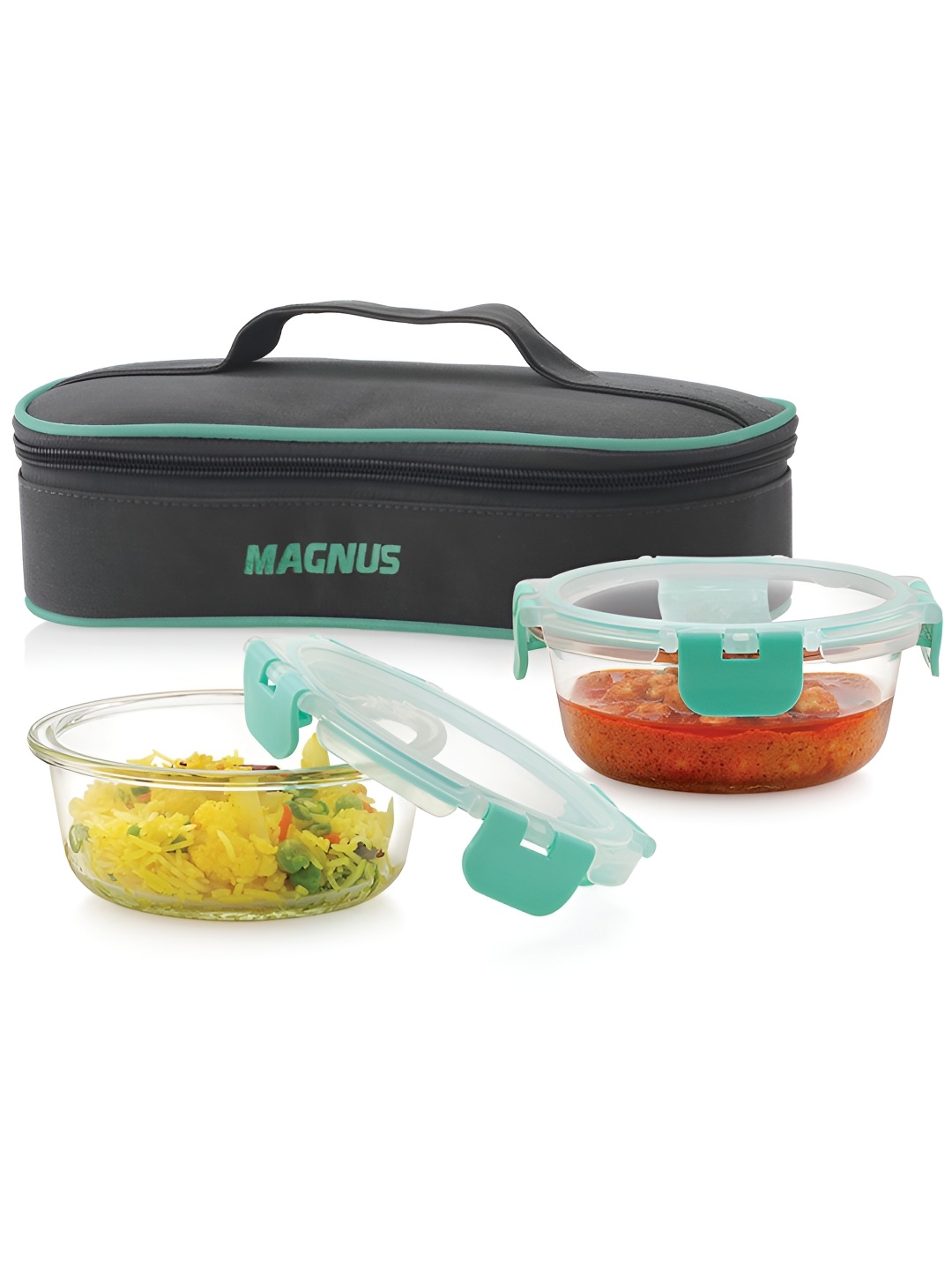 

Magnus Glock Solid 800ml Glass Lunch Box with 2 Round Borosilicate Containers & Pouch, Green