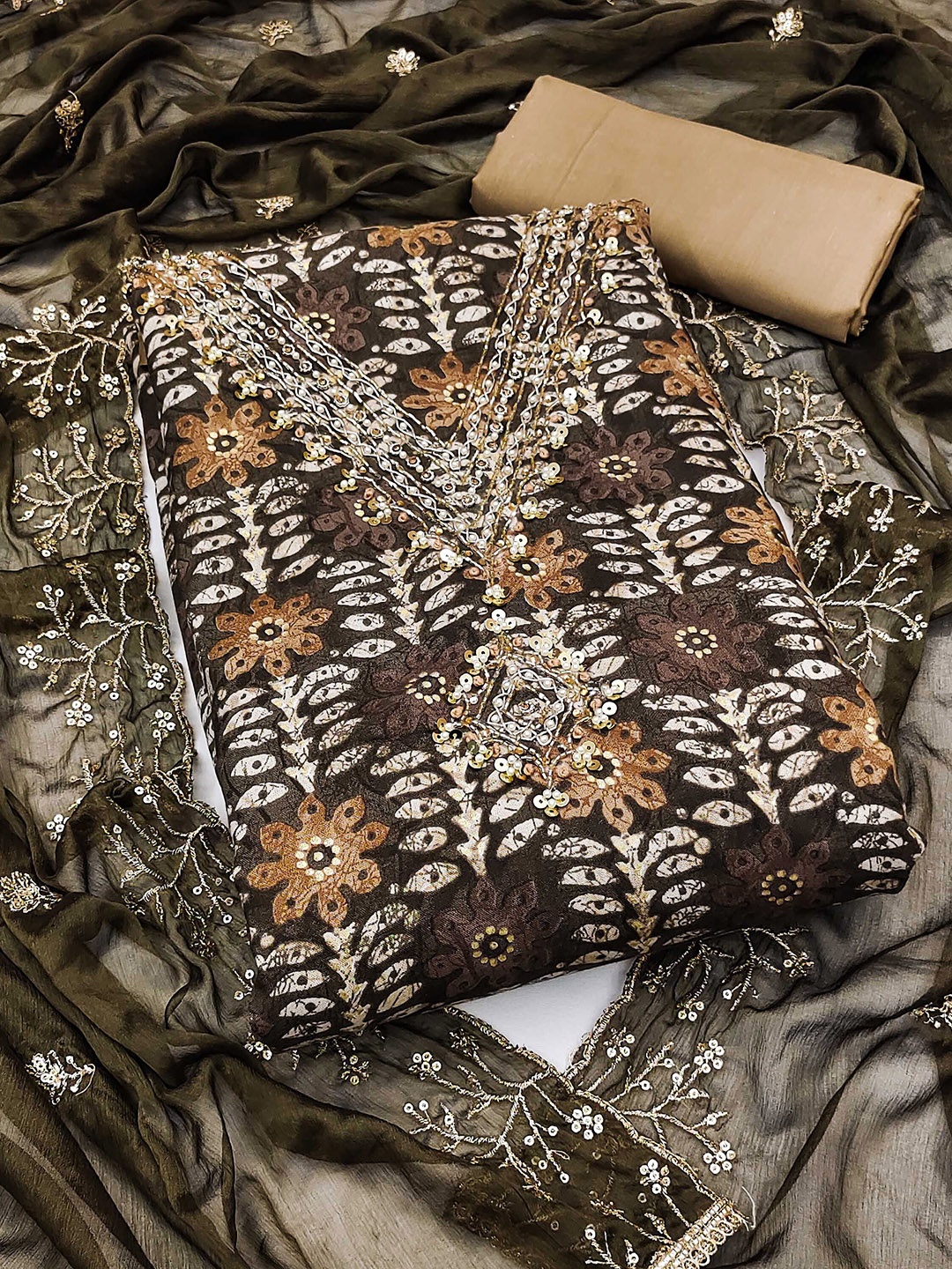 

KALINI Printed Pure Cotton Unstitched Dress Material, Brown