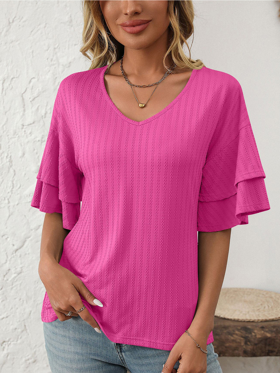 

StyleCast x Revolte Solid V-Neck Flared Sleeves Regular Top, Pink