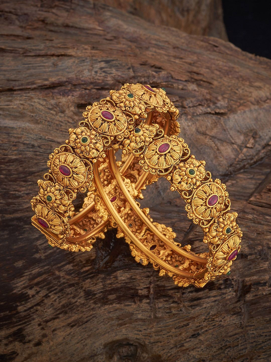 

Kushal's Fashion Jewellery Set Of 2 Gold-Plated Stones-Studded Antique Bangles