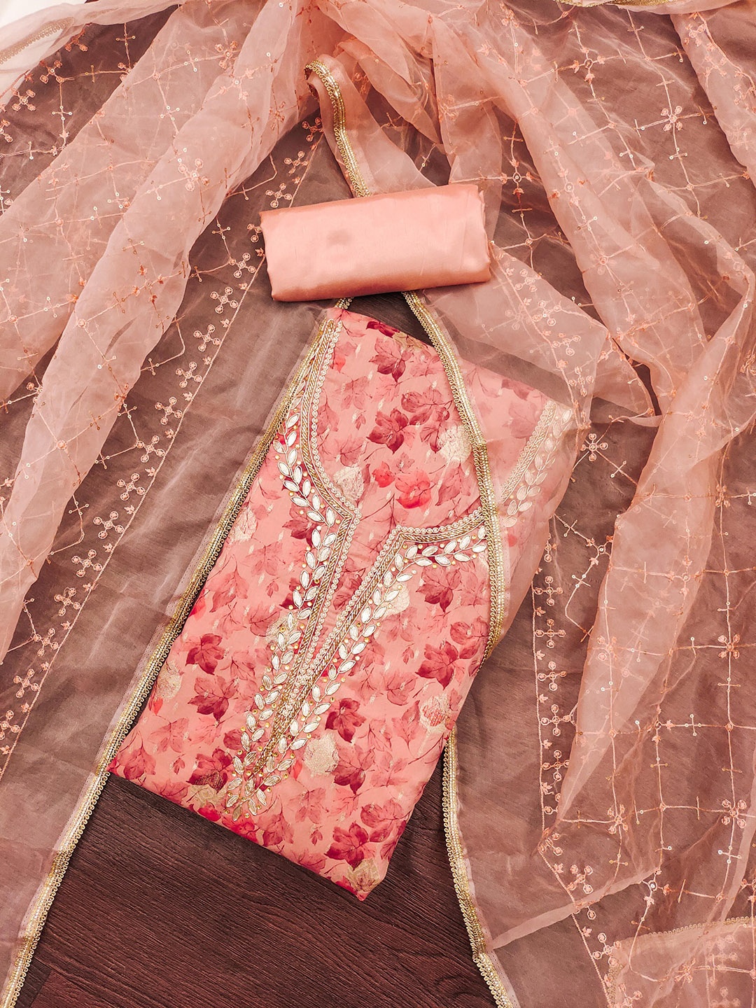 

KALINI Printed Organza Unstitched Dress Material, Peach