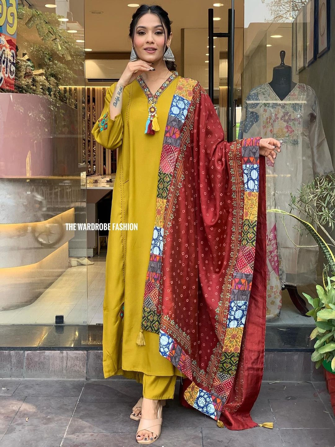 

Kurti Culture Geometric Embroidered V-Neck Kurta With Trousers And Dupatta, Mustard