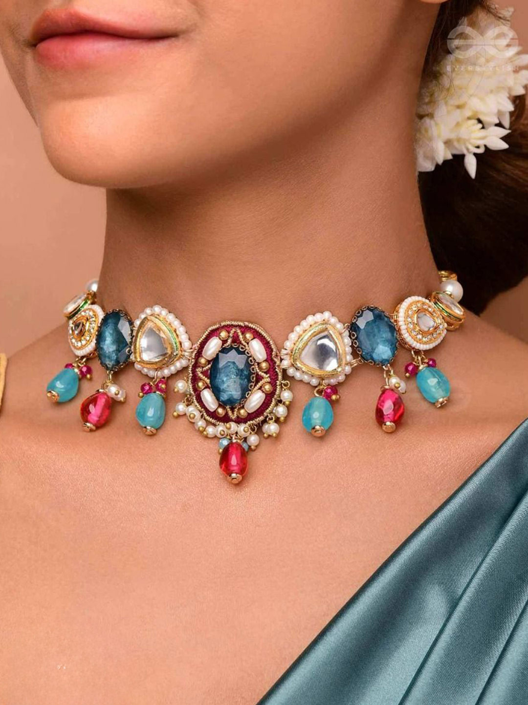

EVERSTYLISH Sanjoya Stone, Beads, Polki & Kundan Finished Embroidered Neckpiece, Gold