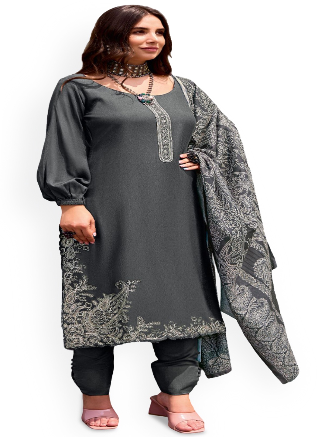 

DRAVINAM Trends Floral Embroidered Pashmina Unstitched Dress Material, Grey