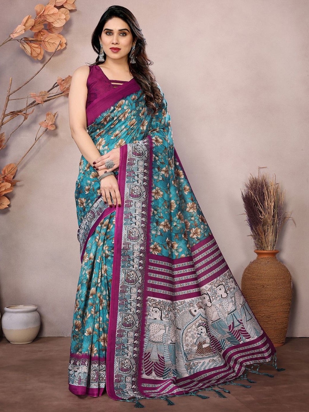 

KALINI Women Floral Printed Saree With Blouse Piece, Blue