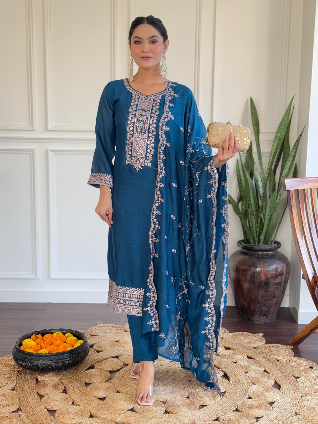

Moda Rapido Embroidered V Neck Gotta Patti Work Kurta With Trousers & Dupatta, Blue