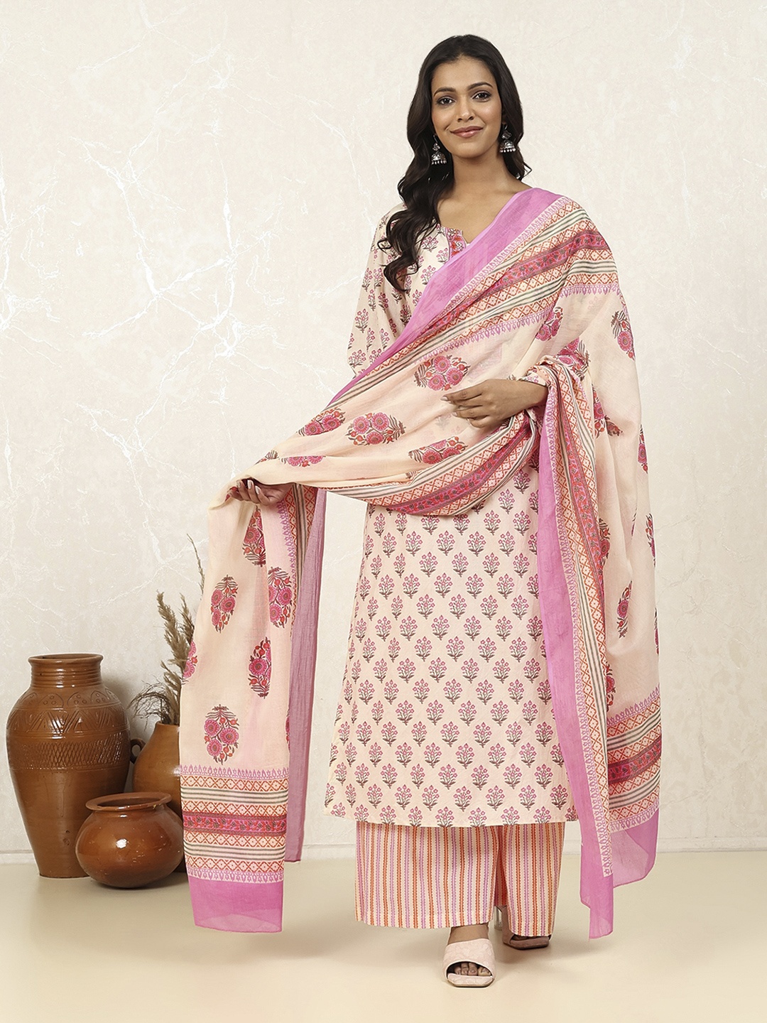 

Biba Ethnic Motifs Printed Pure Cotton Unstitched Dress Material, Pink