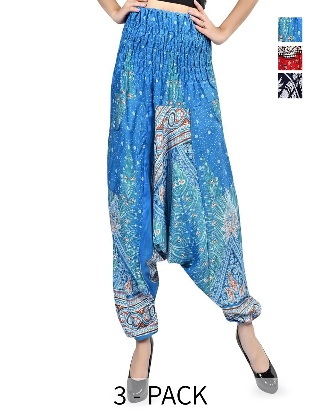 

NarNari Women Pack Of 3 Printed Mid-Rise Harem Pants, Blue