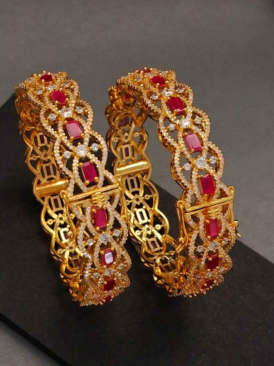 

Zevarly Pack Of 2 American Diamond Gold Plated Bangles, Red