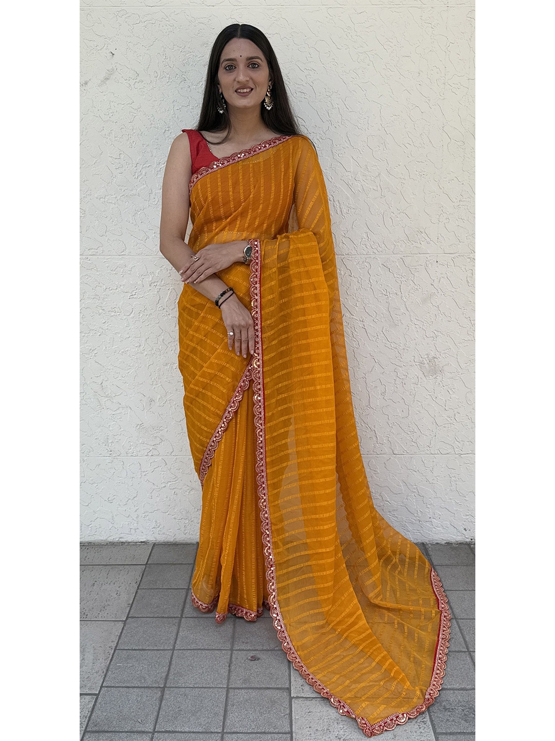 

Aika Striped Sequinned Pure Chiffon Saree, Mustard