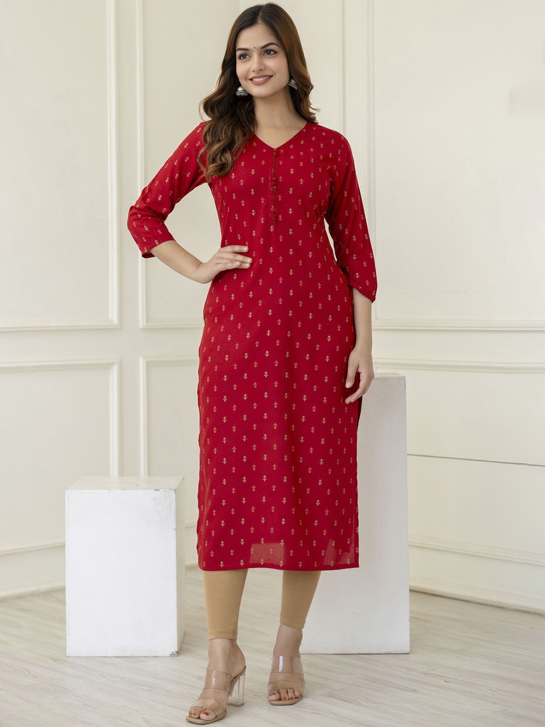 

KALINI Ethnic Motifs Printed V-Neck Straight Kurta, Red