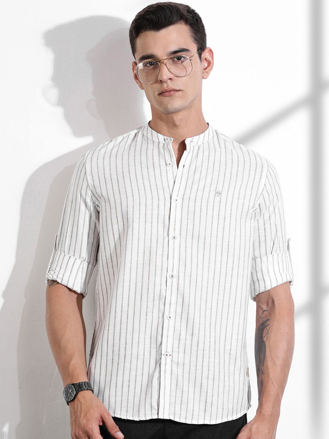 

Thomas Scott Men Premium Slim Fit Opaque Striped Casual Shirt, Brown