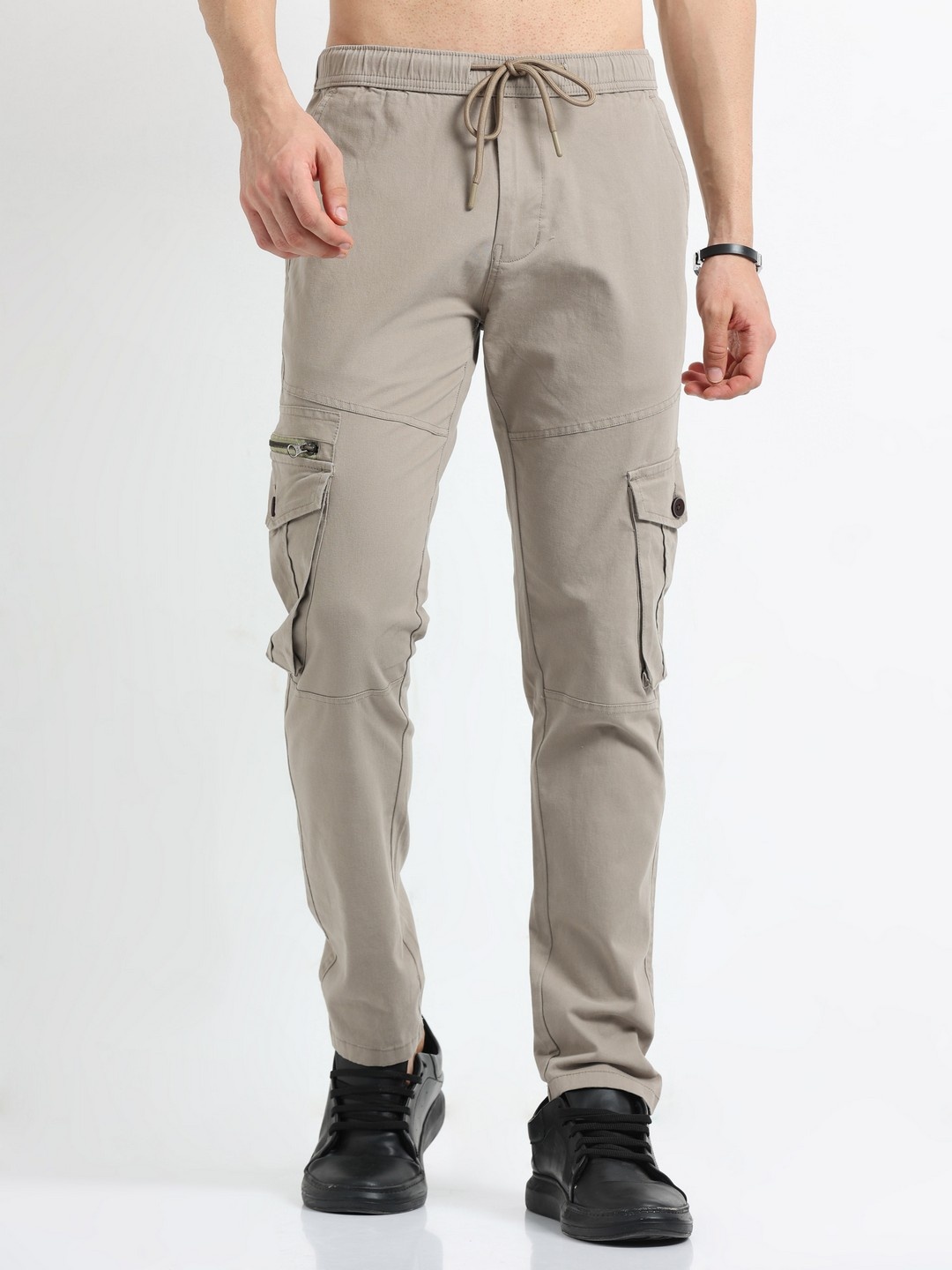 

NEVER NEUD Men Relaxed Zipper Utility Cargos Trousers, Khaki